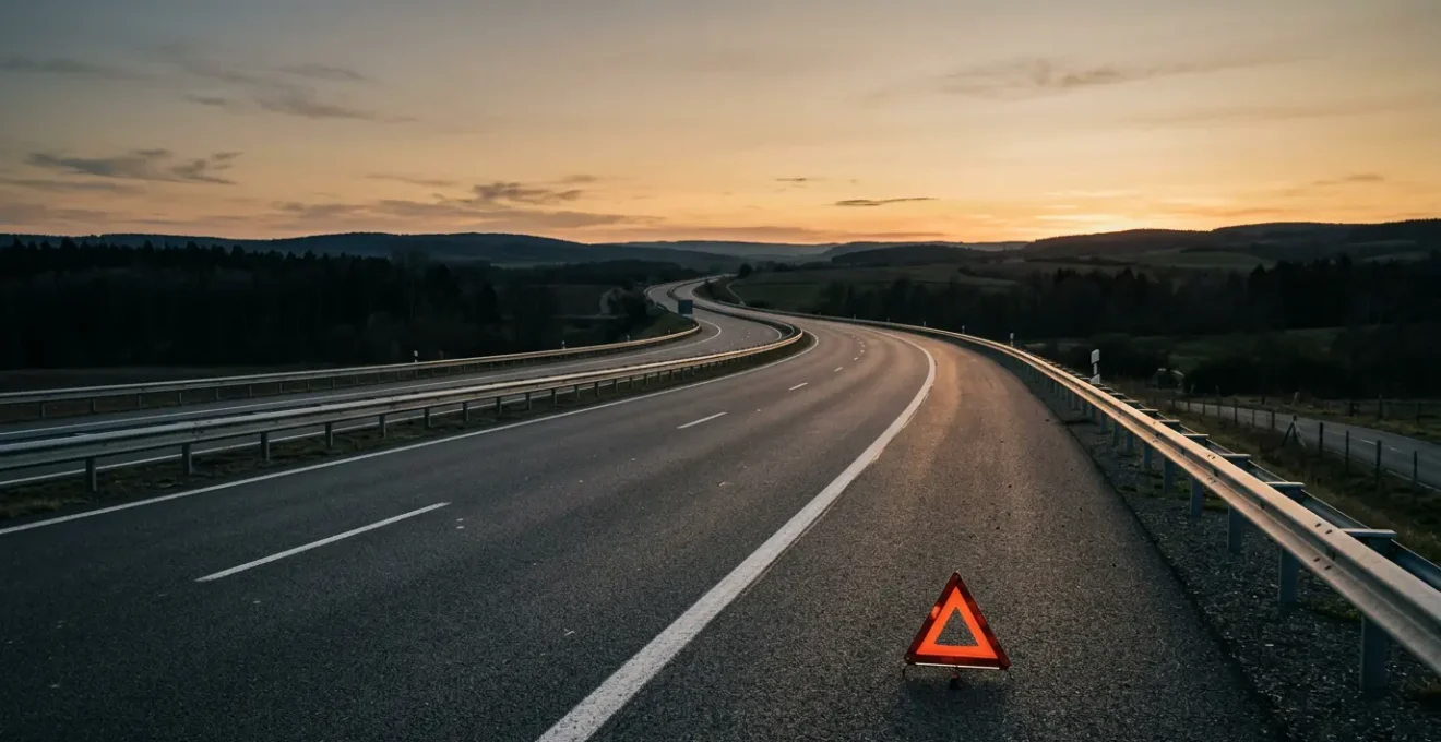 Scène d'accident sur autoroute avec véhicules à l'arrêt et signalisation de sécurité