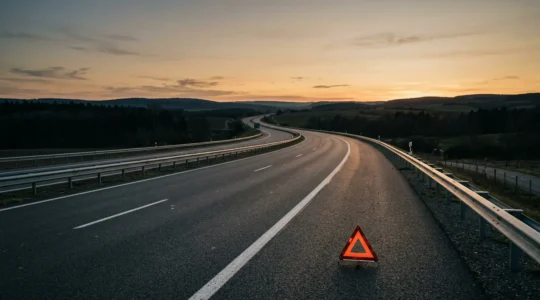 Scène d'accident sur autoroute avec véhicules à l'arrêt et signalisation de sécurité