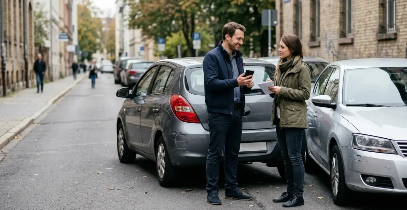 Deux conducteurs échangeant leurs coordonnées après un léger accrochage en milieu urbain