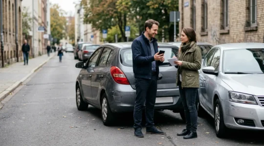 Deux conducteurs échangeant leurs coordonnées après un léger accrochage en milieu urbain