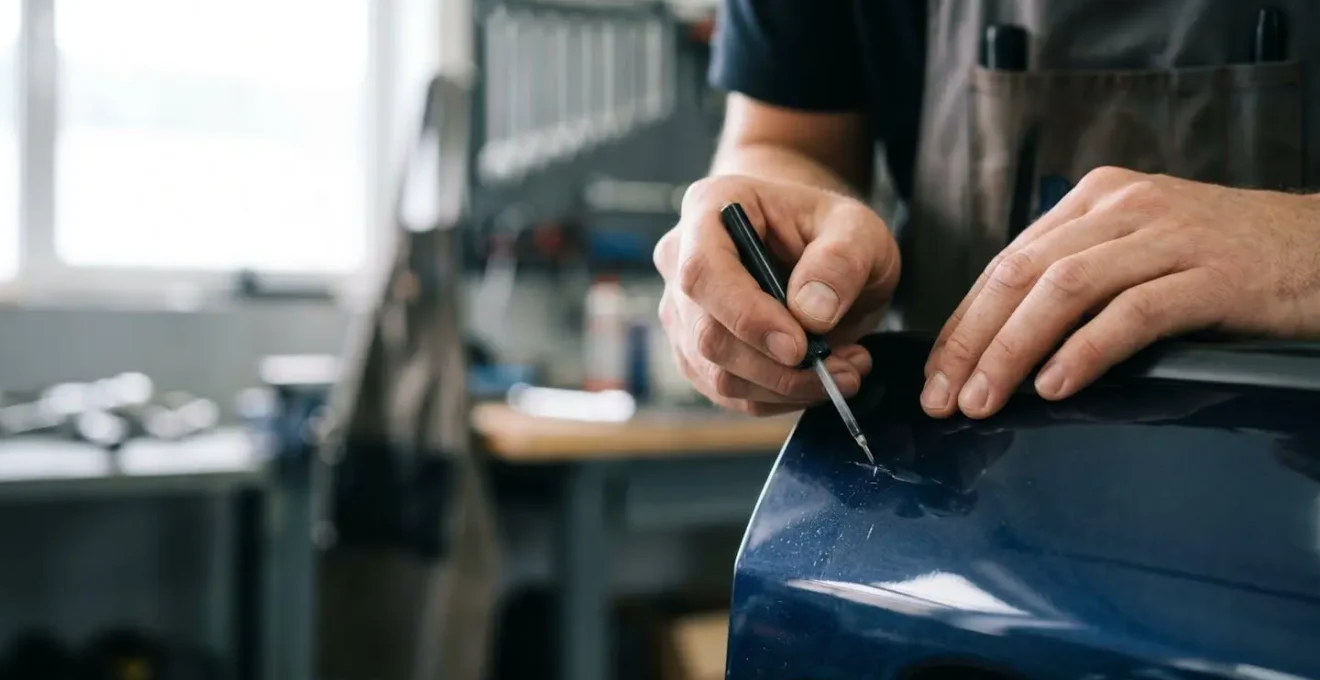 Gros plan sur une main appliquant précisément de la peinture de retouche automobile avec technique du stylo