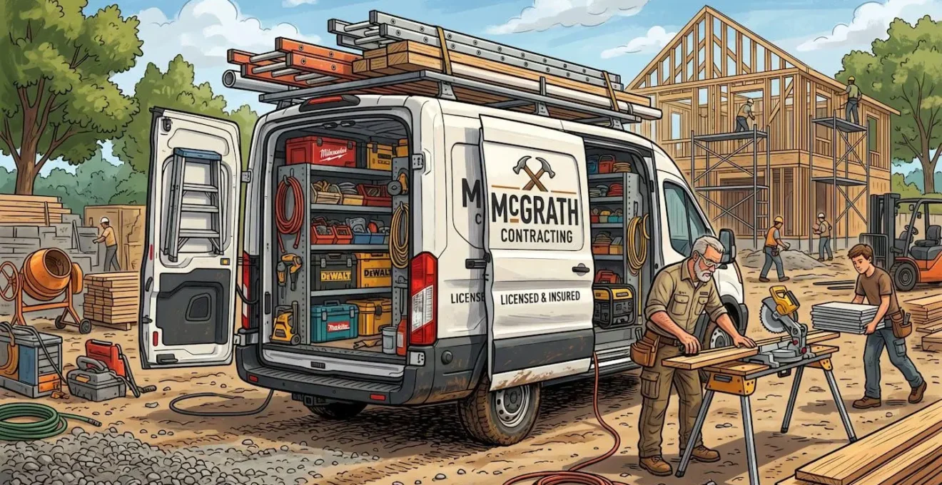 Illustration d'un véhicule utilitaire d'artisan avec équipement professionnel dans un environnement de travail