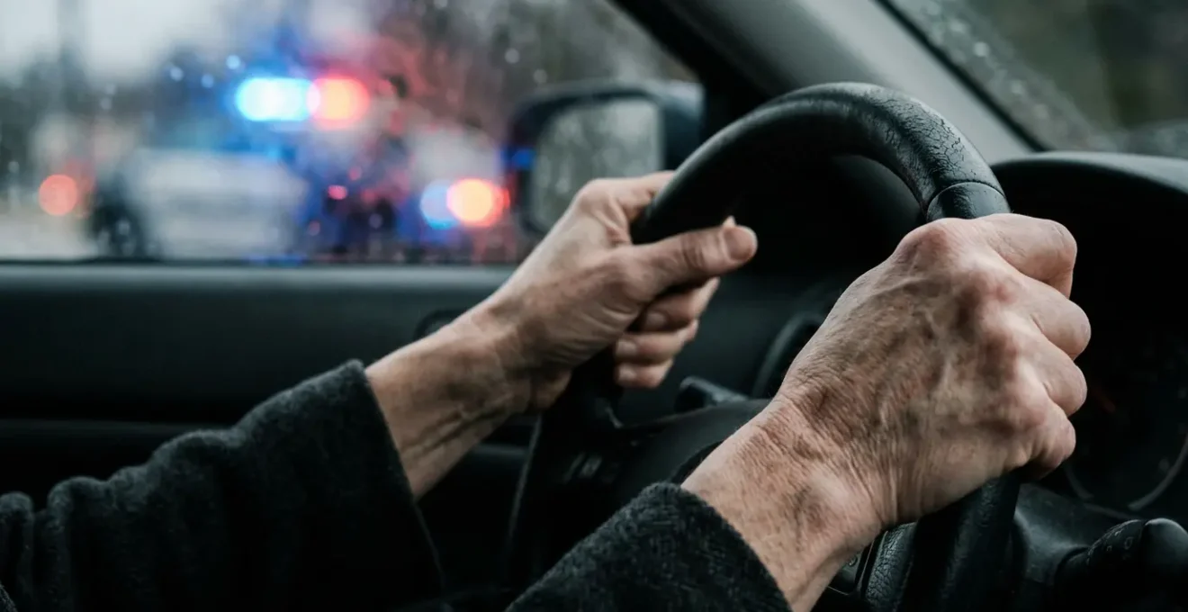 Gros plan sur des mains crispées tenant un volant de voiture dans une ambiance dramatique illustrant l'angoisse du conducteur après un accident