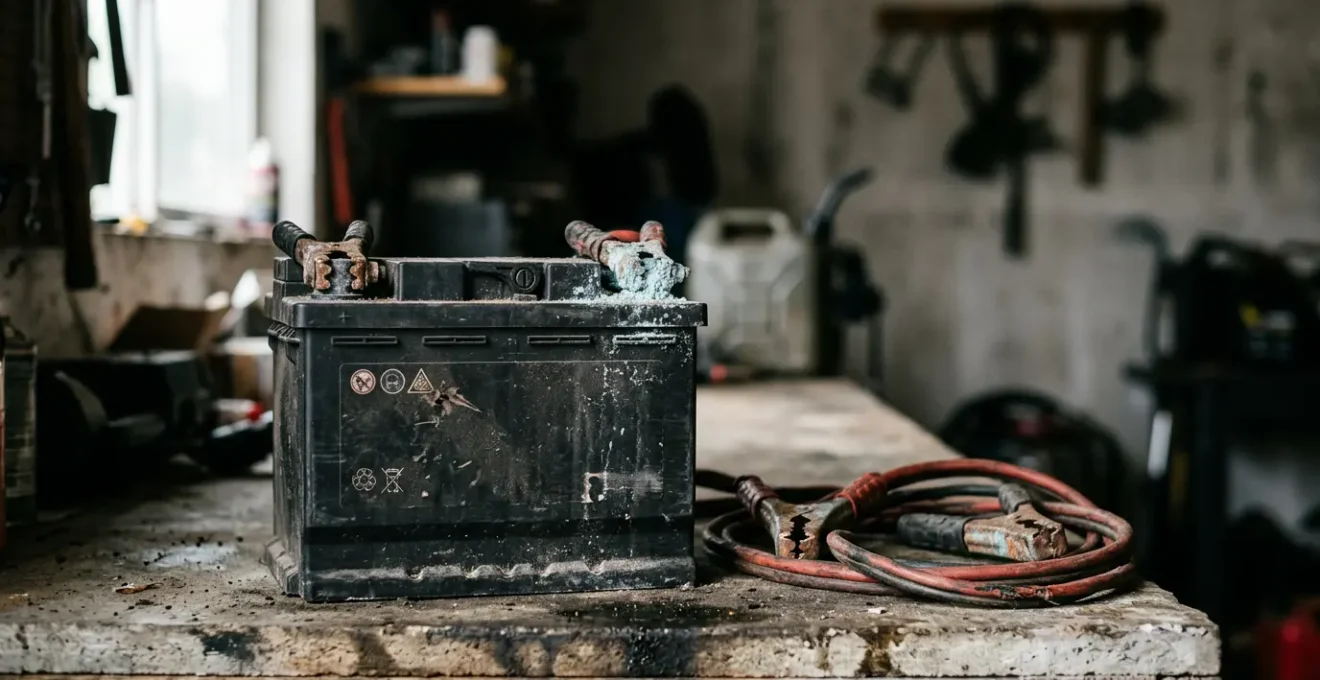 Gros plan d'une batterie de voiture déchargée dans un garage privé avec câbles de démarrage