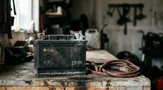 Gros plan d'une batterie de voiture déchargée dans un garage privé avec câbles de démarrage