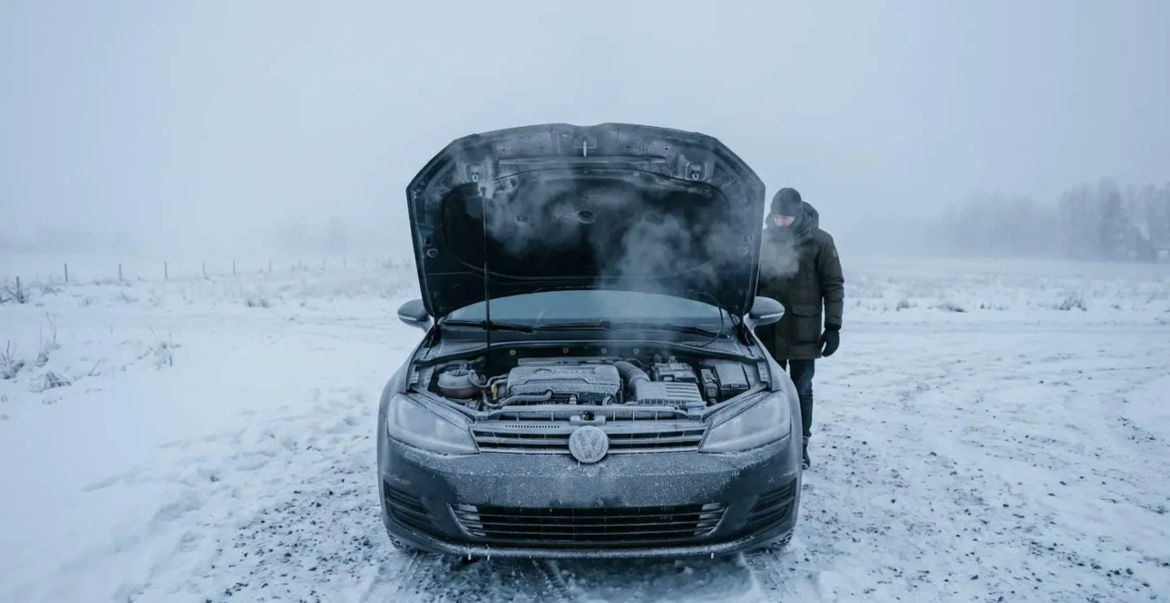 Capot de voiture ouvert un matin d'hiver, avec du givre visible sur les composants du moteur, suggérant le froid intense.