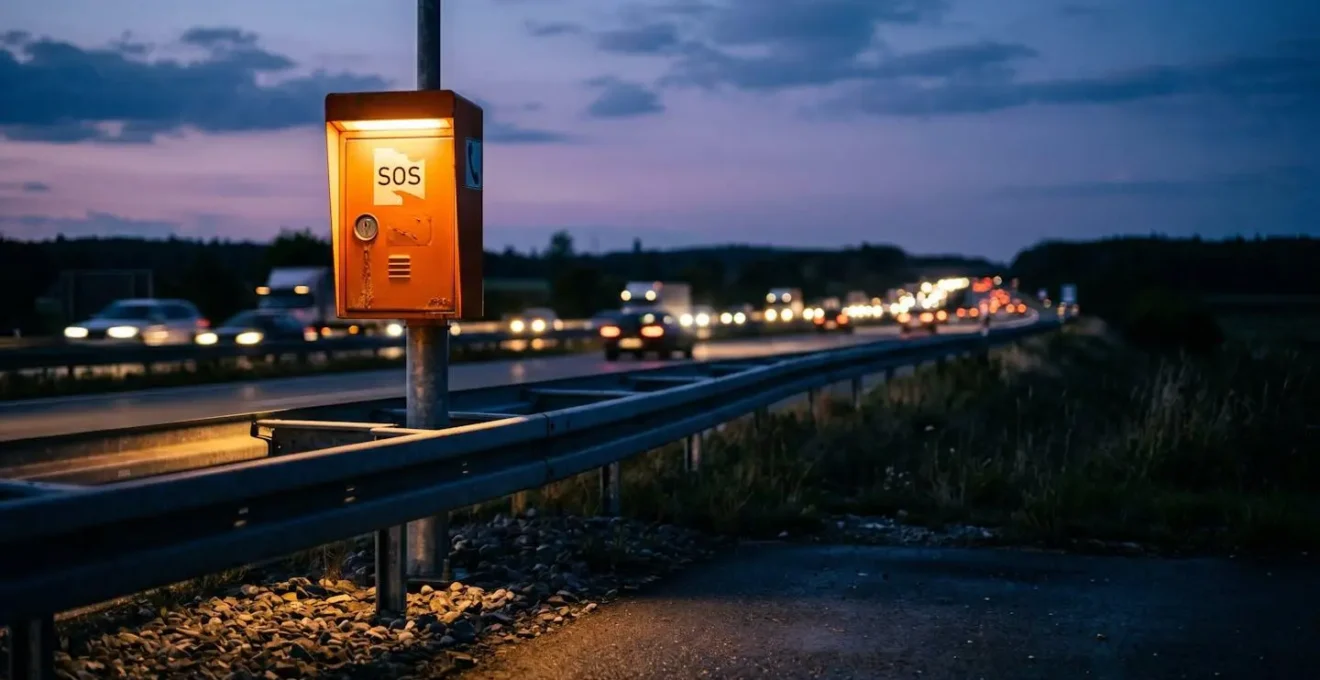 Borne d'appel d'urgence orange sur autoroute éclairée dans la pénombre