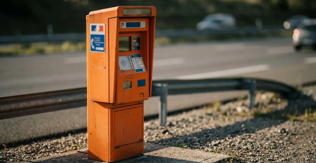 Borne d'appel d'urgence orange sur le bord d'une autoroute française pour contacter les secours
