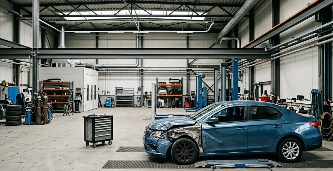 Expertise automobile professionnelle avec véhicule accidenté en garage spécialisé