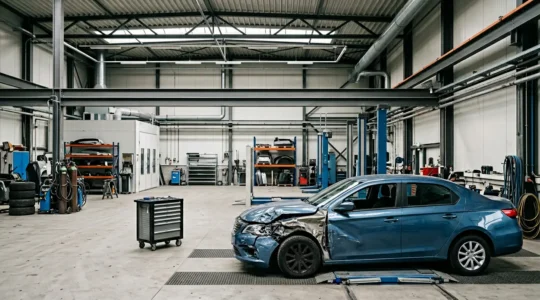 Expertise automobile professionnelle avec véhicule accidenté en garage spécialisé