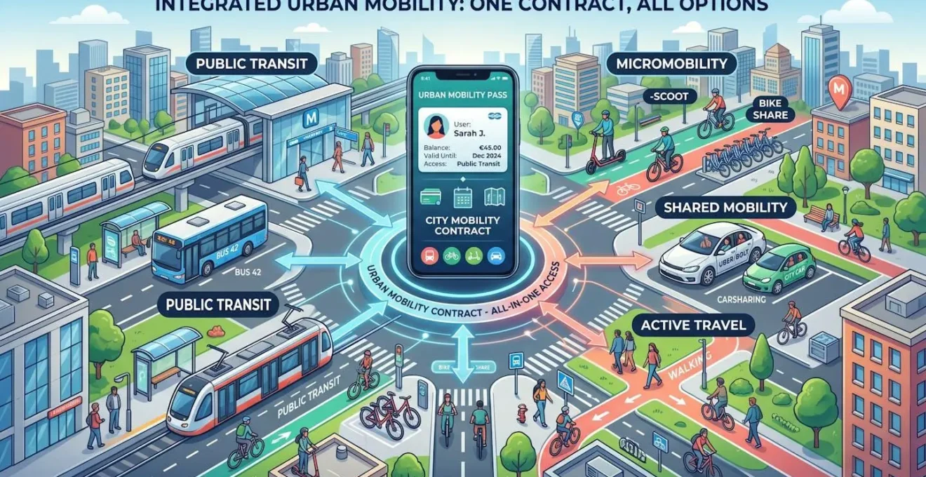 Représentation visuelle des différentes options de mobilité urbaine et leur intégration dans un contrat unique