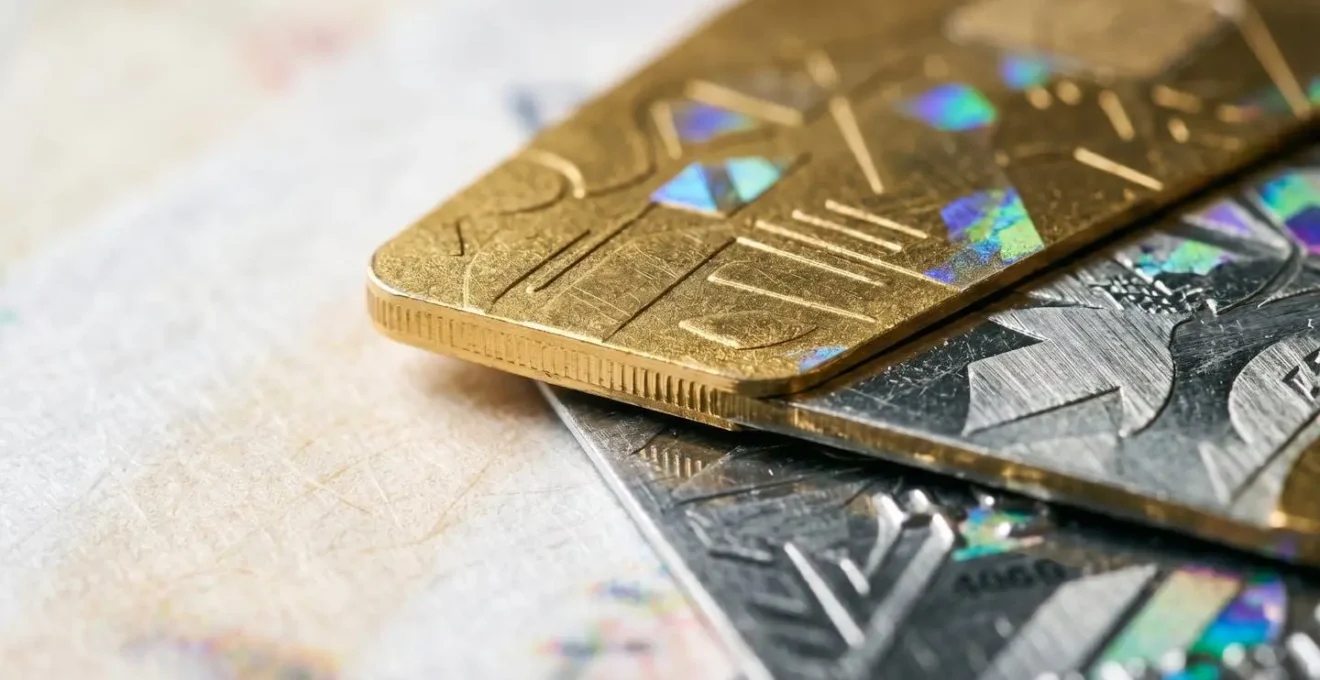 Vue macro sur des cartes bancaires dorées superposées avec des documents de contrat d'assurance flous en arrière-plan