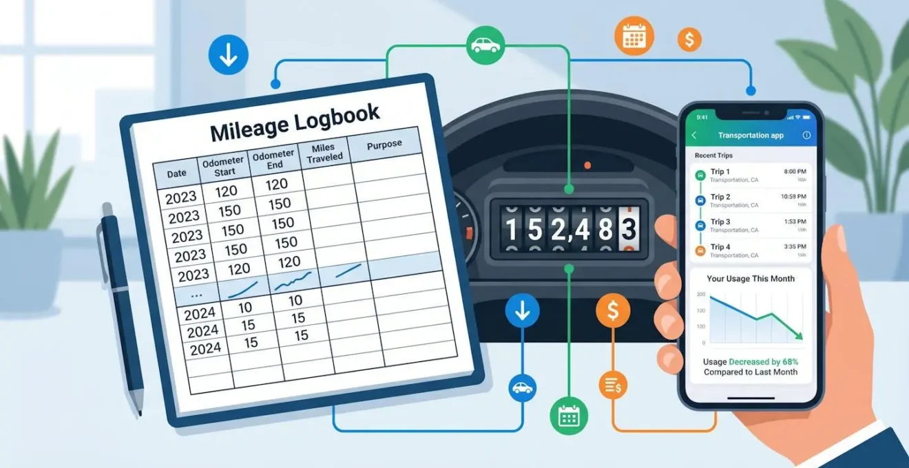 Illustration d'une documentation de kilométrage avec compteur de véhicule et smartphone pour prouver la baisse d'usage