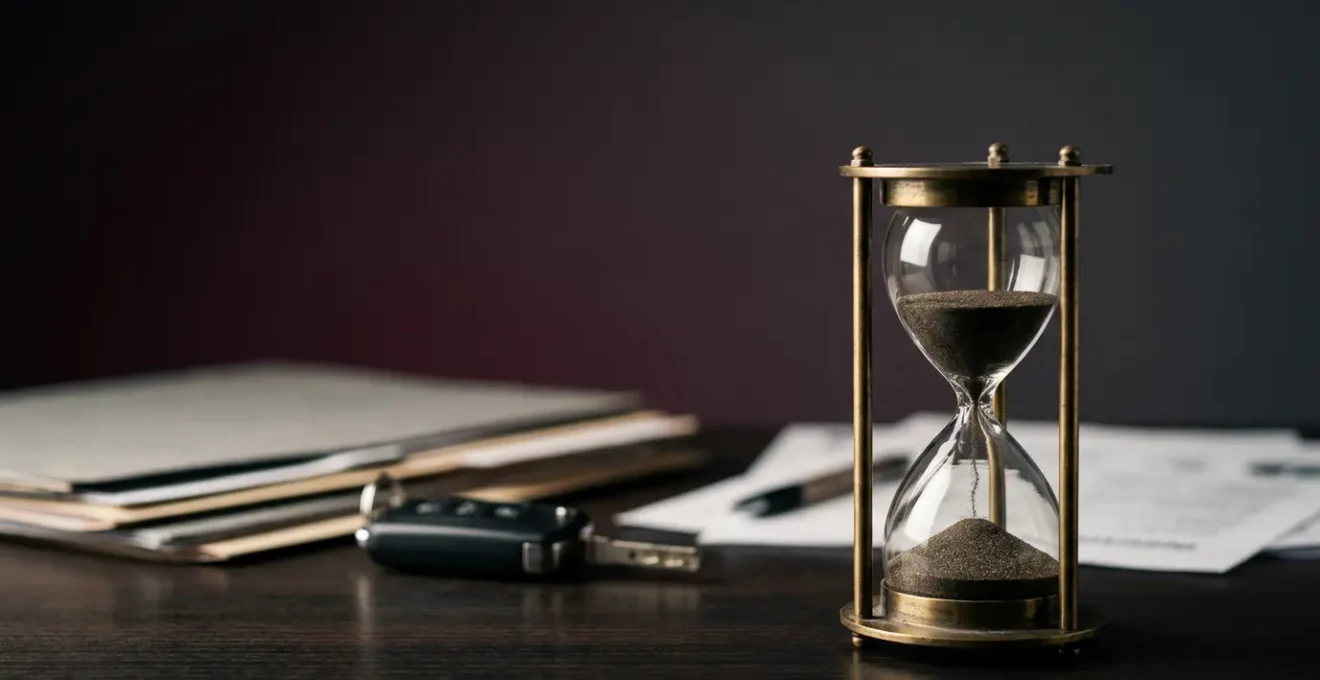 Scène symbolisant l'urgence temporelle en assurance automobile avec les conséquences de non-respect des délais