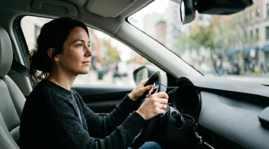 Conducteur réfléchissant au choix entre garanties auto et coûts de franchise pour voiture citadine