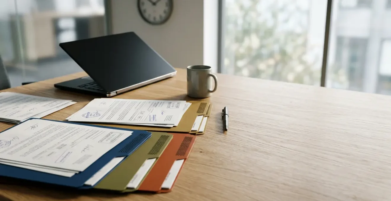 Dossier administratif d'assurance avec documents organisés sur un bureau professionnel