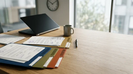 Dossier administratif d'assurance avec documents organisés sur un bureau professionnel