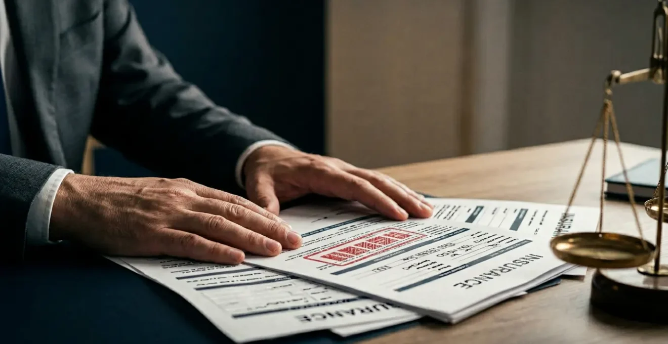 Documents juridiques d'assurance et mains défendant des droits, représentant la lutte contre les refus abusifs