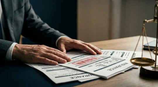 Documents juridiques d'assurance et mains défendant des droits, représentant la lutte contre les refus abusifs