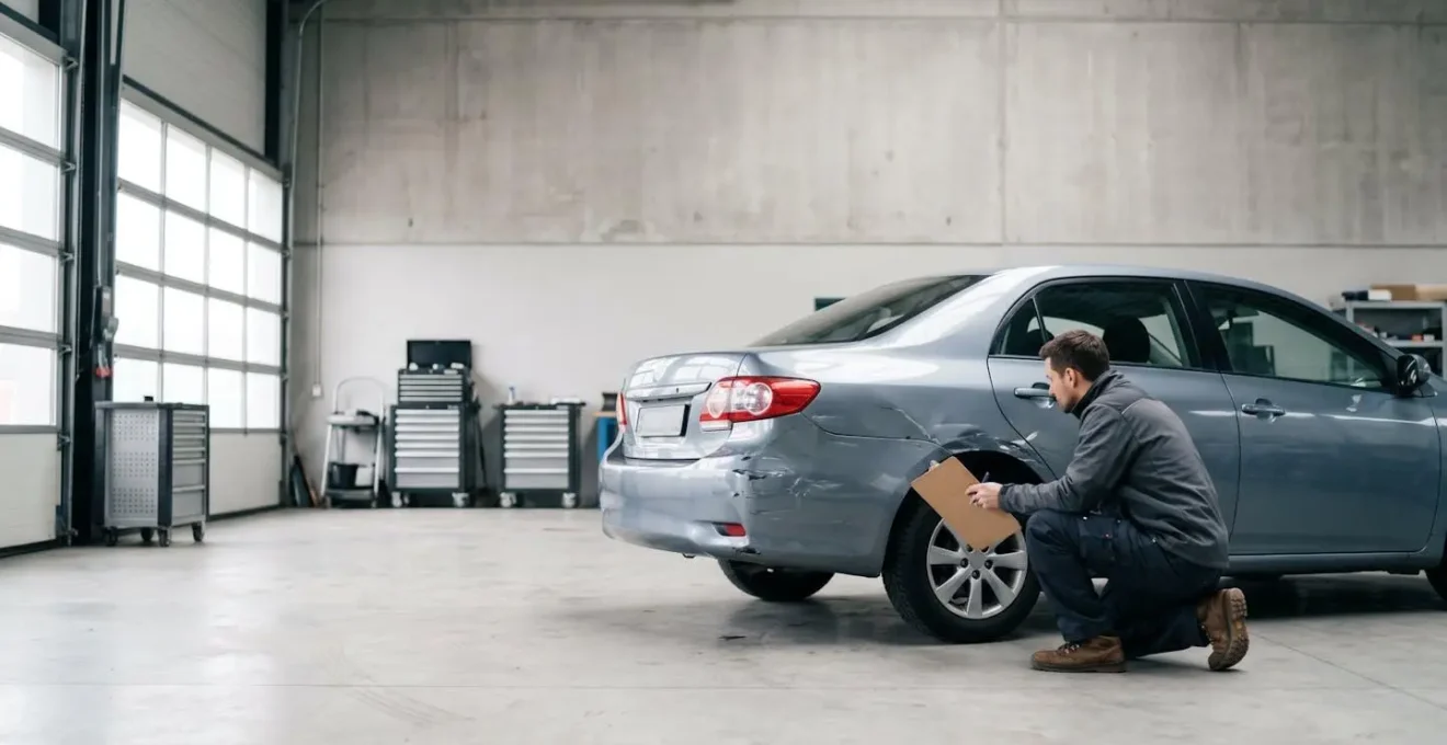 Expert automobile indépendant examinant un véhicule endommagé pour contre-expertise