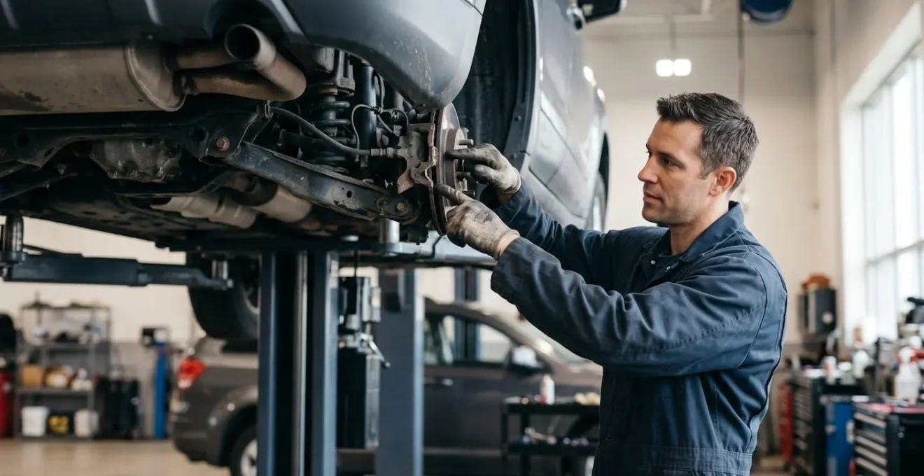 Inspection détaillée d'un véhicule sur pont élévateur en atelier de réparation automobile