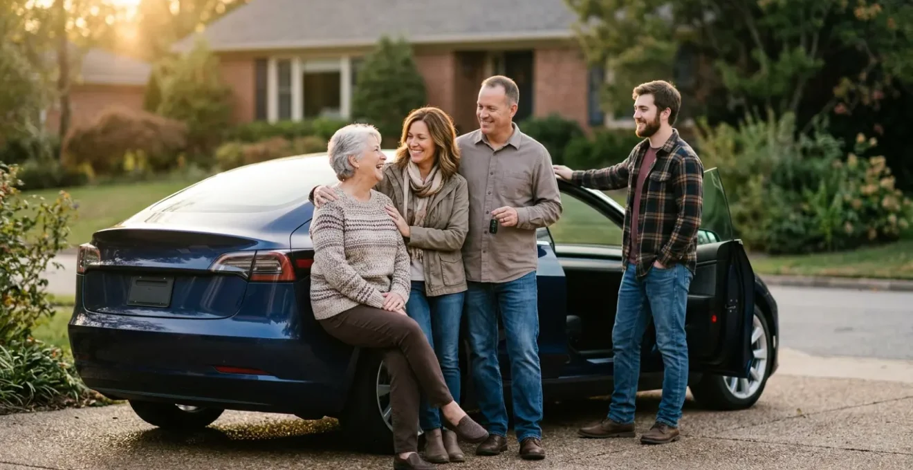 Famille intergénérationnelle autour d'une voiture familiale dans un environnement chaleureux