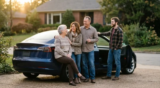 Famille intergénérationnelle autour d'une voiture familiale dans un environnement chaleureux