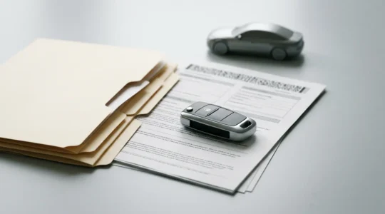 Concept financier d'indemnisation automobile avec documents et véhicule