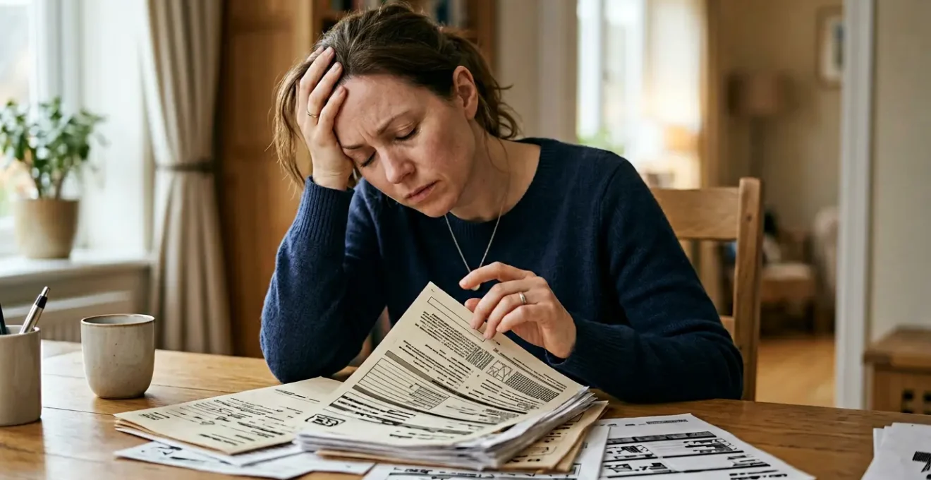 Conducteur anxieux face à des documents administratifs complexes représentant une situation de déclaration tardive de sinistre automobile