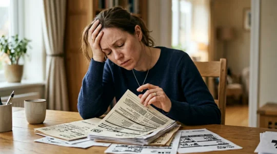Conducteur anxieux face à des documents administratifs complexes représentant une situation de déclaration tardive de sinistre automobile