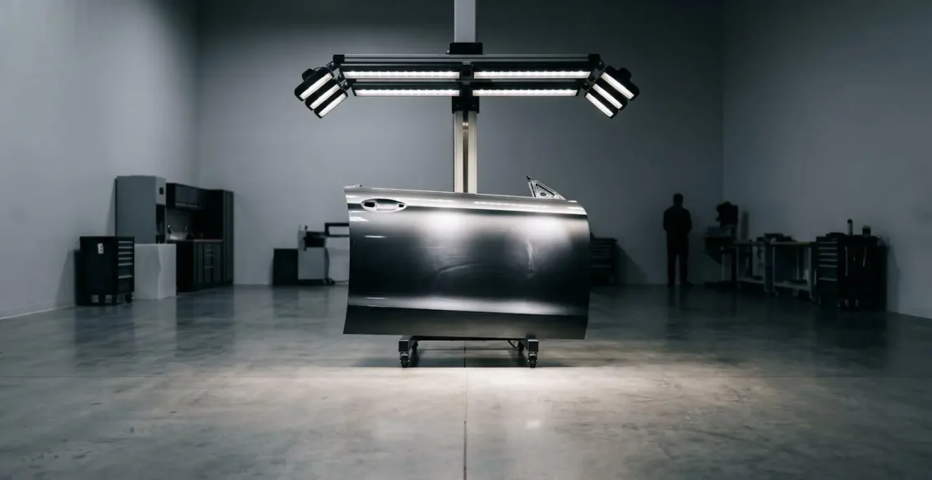 Environnement minimaliste d'atelier professionnel avec éclairage spécialisé pour inspection carrosserie automobile