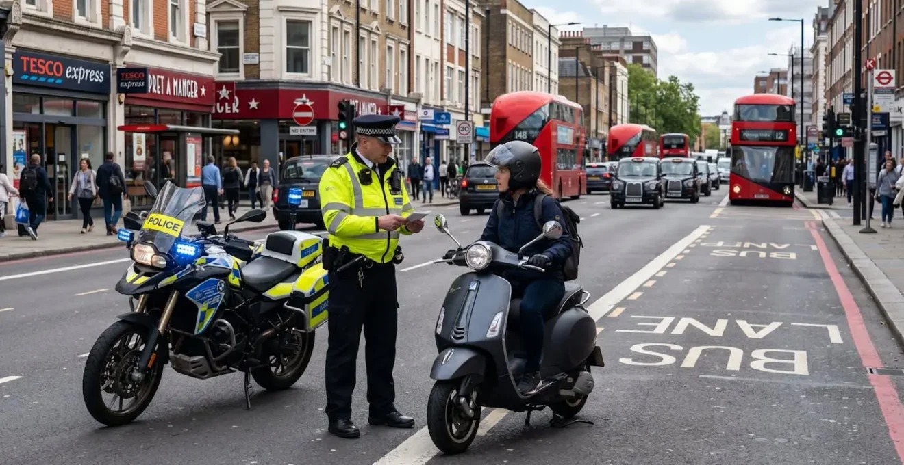 Scène urbaine montrant une situation de contrôle routier avec un agent en uniforme et une trottinette