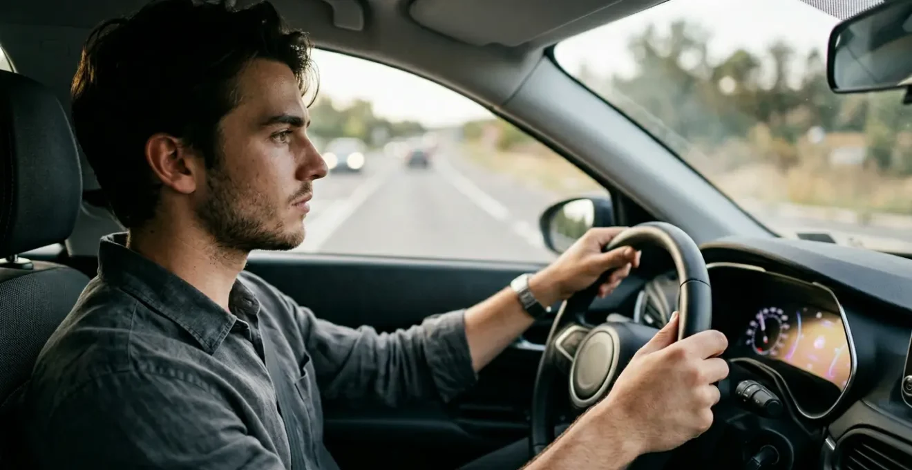 Jeune conducteur concentré au volant d'une voiture sur une route, symbolisant la période probatoire et la réduction progressive de la surprime d'assurance