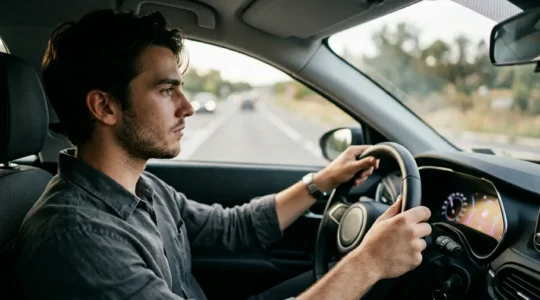 Jeune conducteur concentré au volant d'une voiture sur une route, symbolisant la période probatoire et la réduction progressive de la surprime d'assurance