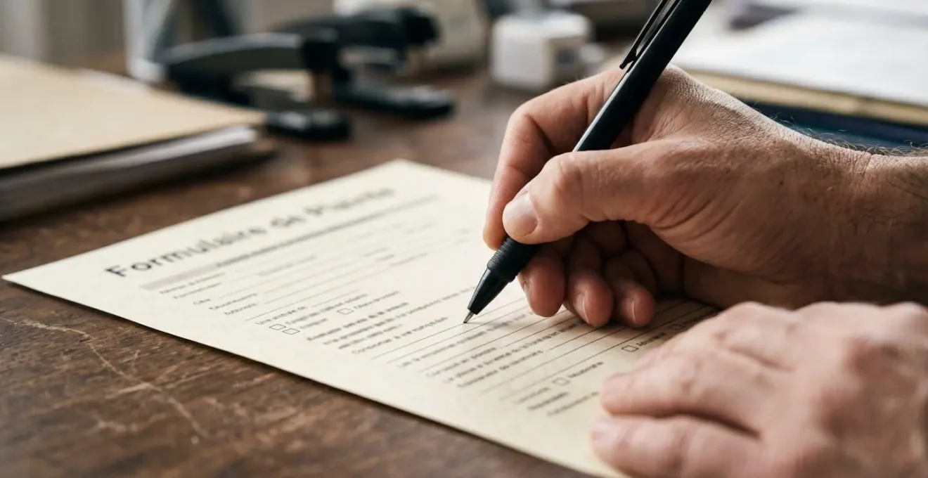 Gros plan sur des mains remplissant un formulaire de dépôt de plainte avec documents officiels et stylo, symbolisant la démarche administrative cruciale