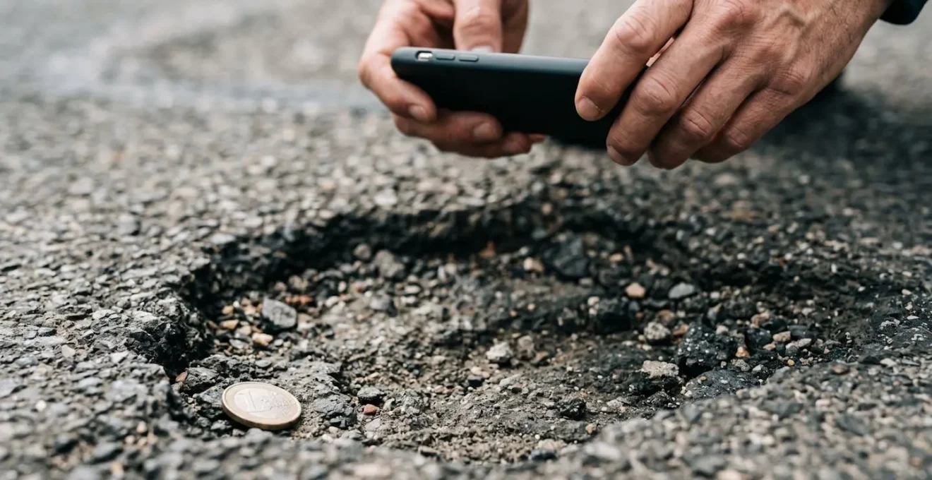 Mains tenant un smartphone pour photographier un nid-de-poule avec une pièce de monnaie comme référence d'échelle
