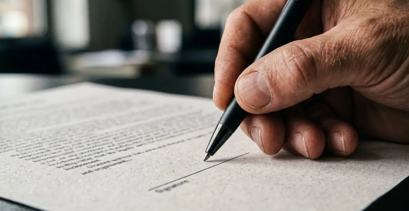 Gros plan sur des mains signant un document officiel dans une ambiance sobre