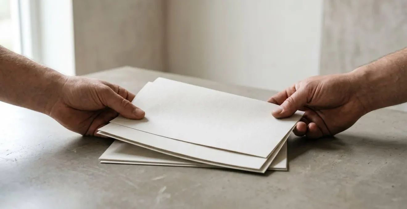 Représentation symbolique d'un document de cession de créance avec deux mains échangeant un accord, lumière naturelle, composition épurée