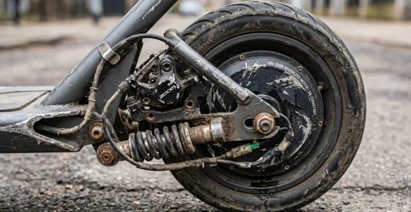 Gros plan sur des composants de trottinette électrique montrant l'usure naturelle et les détails techniques