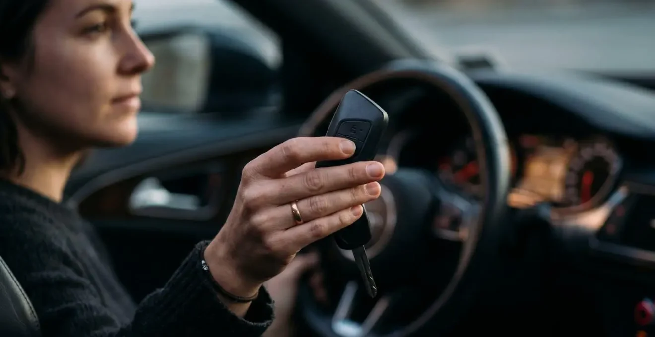 Main sur clé de voiture avec système de sécurité en arrière-plan