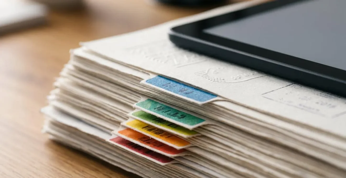 Workspace organisé montrant l'archivage méthodique de documents financiers