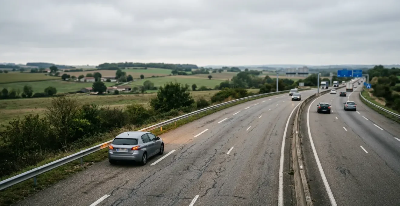 Véhicule immobilisé sur bande d'arrêt d'urgence d'une autoroute en situation de panne