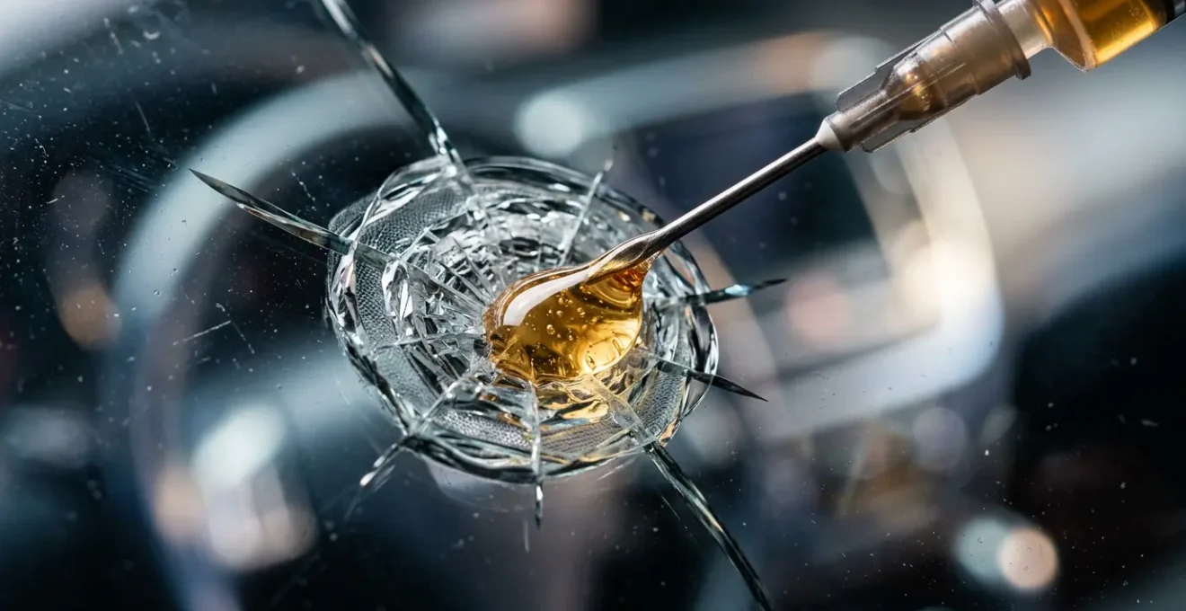 Gros plan sur un pare-brise de voiture montrant un impact en cours de réparation avec technique d'injection de résine