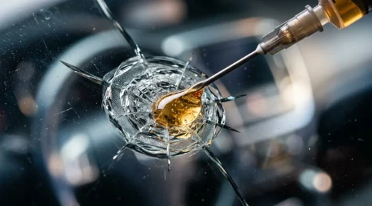 Gros plan sur un pare-brise de voiture montrant un impact en cours de réparation avec technique d'injection de résine