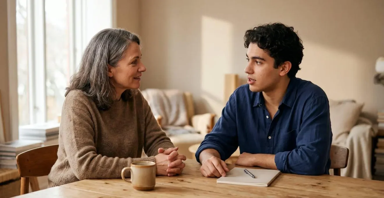 Parent et jeune adulte en discussion sérieuse autour d'une table, symbolisant la transmission du savoir et la négociation du transfert de bonus d'assurance
