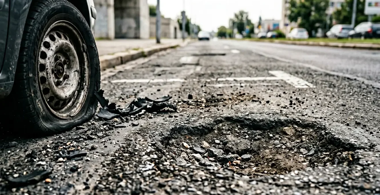 Roue de voiture endommagée sur une route avec un profond nid-de-poule