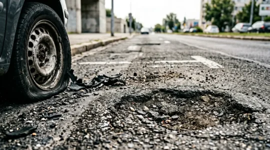 Roue de voiture endommagée sur une route avec un profond nid-de-poule