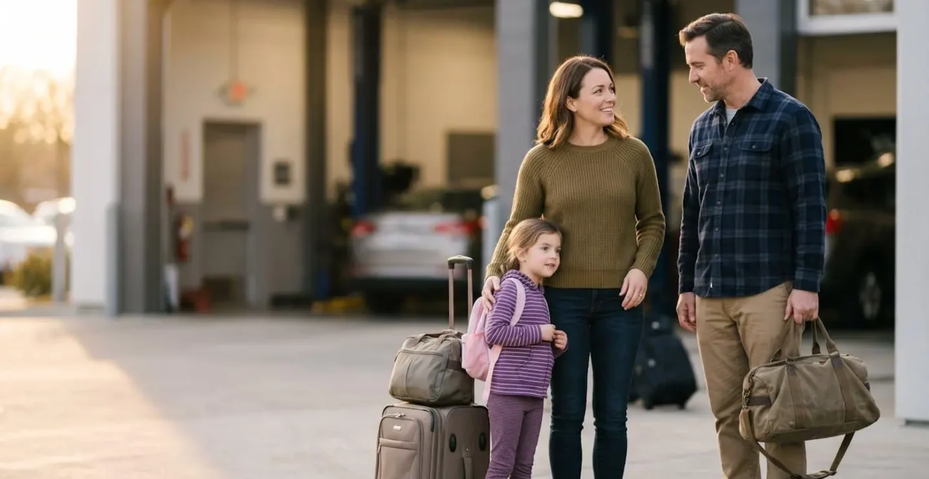 Famille avec bagages attendant un véhicule de remplacement près d'un garage automobile