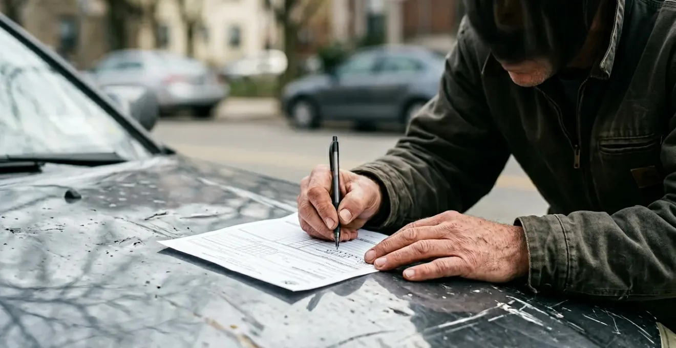 Constat amiable d'accident automobile rempli avec soin sur capot de voiture