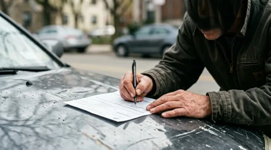 Constat amiable d'accident automobile rempli avec soin sur capot de voiture